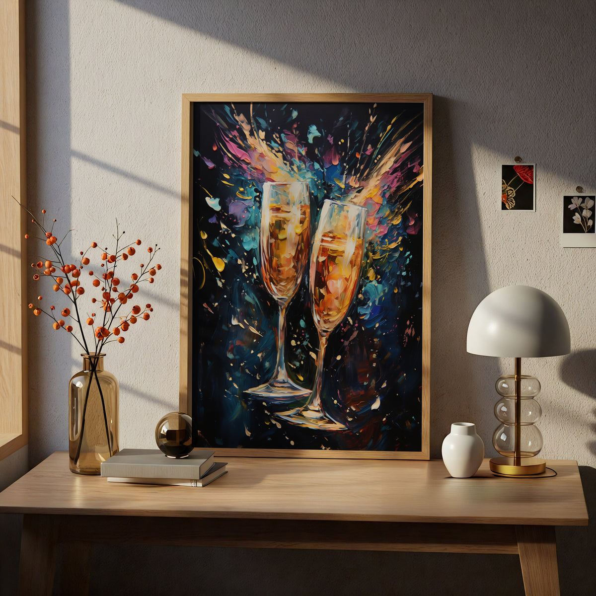 Champagne Glasses Poster, Colourful Oil Painting Wall Art Print, Bar Cart Kitchen Dining Room Decor — styling mockup 5