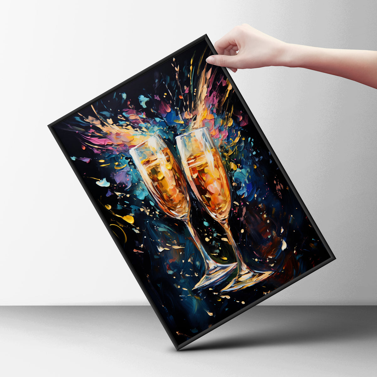 Champagne Glasses Poster, Colourful Oil Painting Wall Art Print, Bar Cart Kitchen Dining Room Decor — styling mockup 6