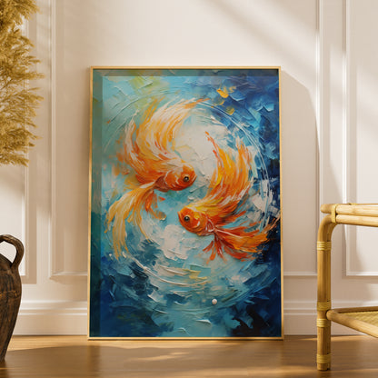 Goldfish Poster, Orange Koi Wall Art, Textured Palette Knife Art Print, Blue Ocean Fish Painting — styling mockup 1