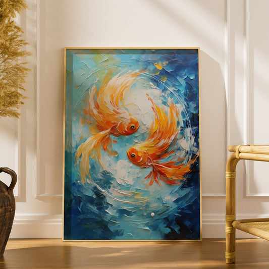 Goldfish Poster, Orange Koi Wall Art, Textured Palette Knife Art Print, Blue Ocean Fish Painting — styling mockup 1