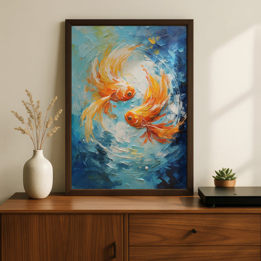 Goldfish Poster, Orange Koi Wall Art, Textured Palette Knife Art Print, Blue Ocean Fish Painting — styling mockup 2