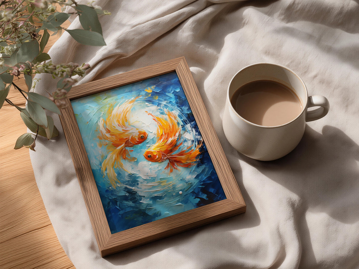 Goldfish Poster, Orange Koi Wall Art, Textured Palette Knife Art Print, Blue Ocean Fish Painting — styling mockup 3
