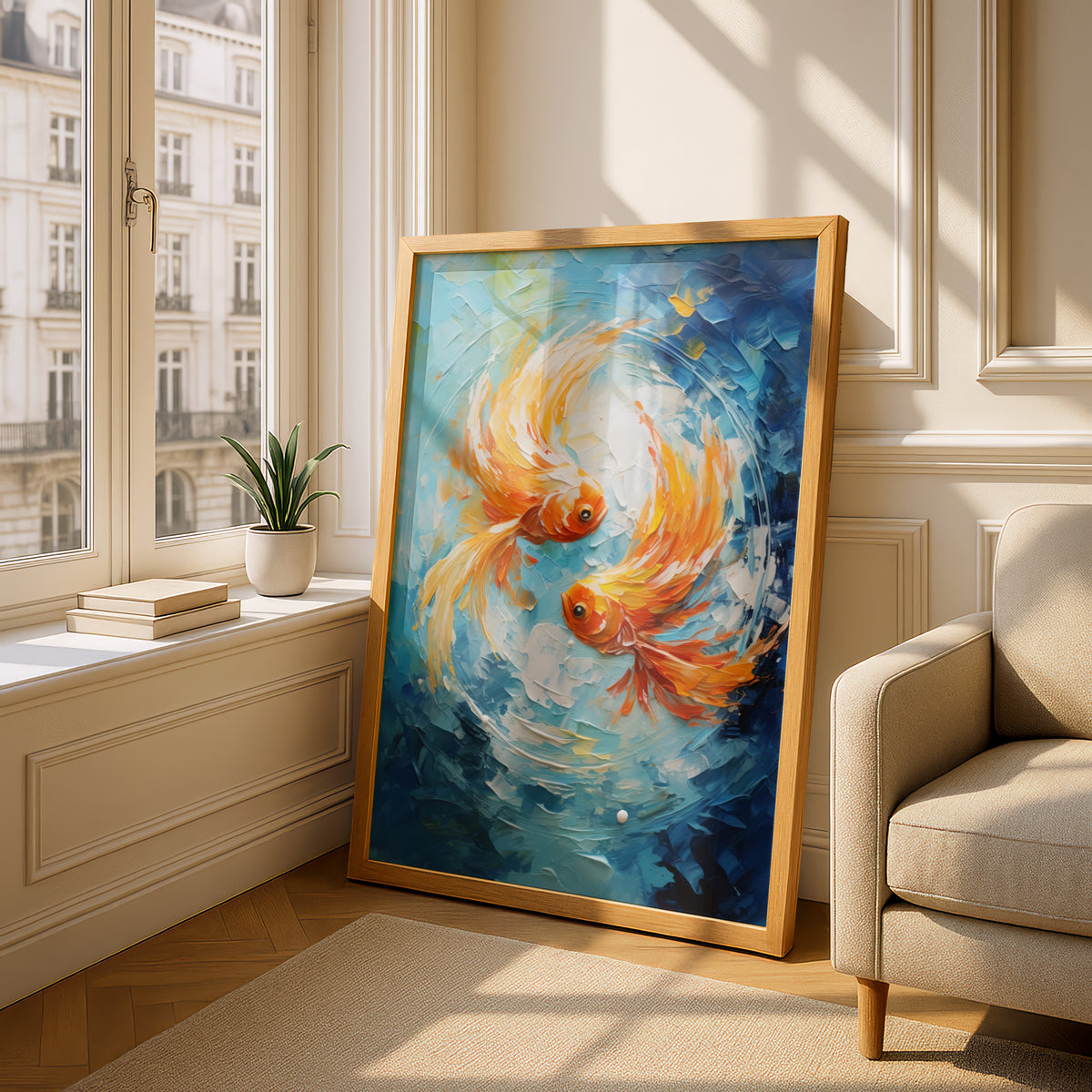 Goldfish Poster, Orange Koi Wall Art, Textured Palette Knife Art Print, Blue Ocean Fish Painting — styling mockup 4