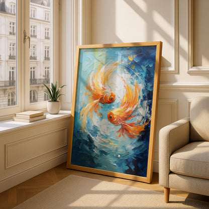 Goldfish Poster, Orange Koi Wall Art, Textured Palette Knife Art Print, Blue Ocean Fish Painting — styling mockup 4