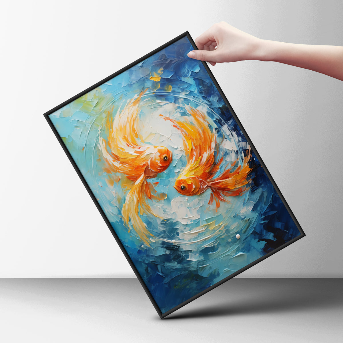 Goldfish Poster, Orange Koi Wall Art, Textured Palette Knife Art Print, Blue Ocean Fish Painting — styling mockup 6