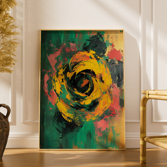 Abstract Yellow Rose Poster, Green Expressionist Wall Art Print, Bold Floral Art for Living Room — styling mockup 1