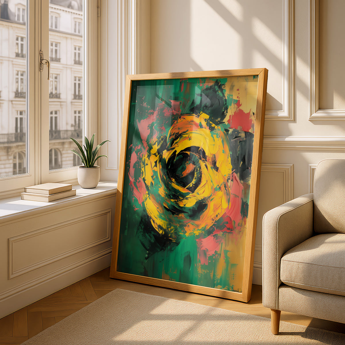 Abstract Yellow Rose Poster, Green Expressionist Wall Art Print, Bold Floral Art for Living Room — styling mockup 4
