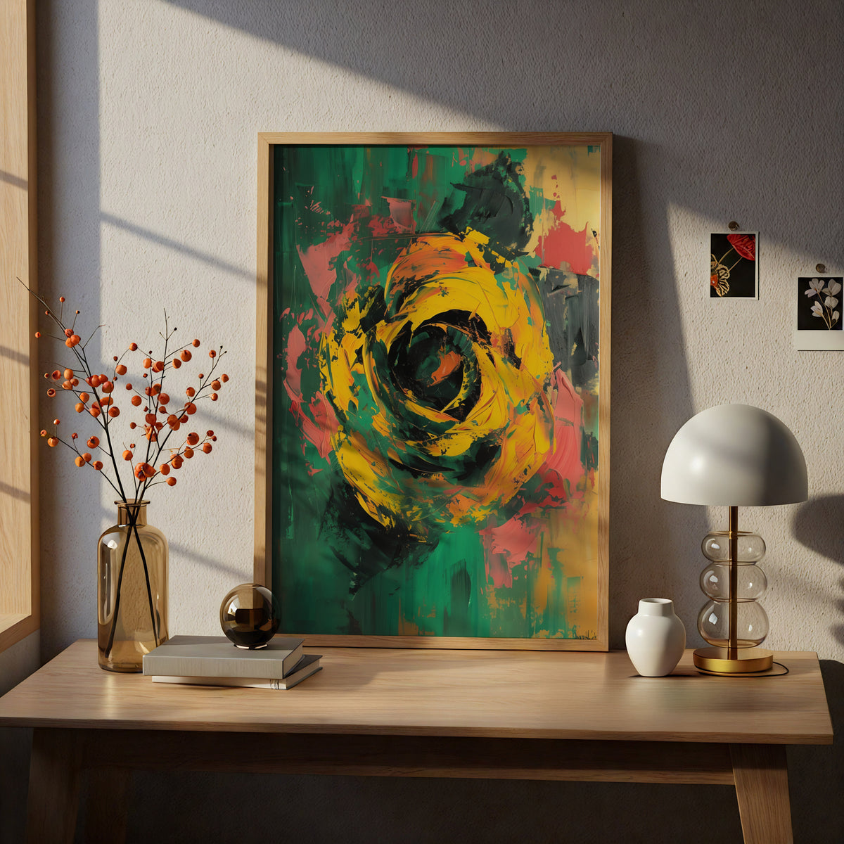 Abstract Yellow Rose Poster, Green Expressionist Wall Art Print, Bold Floral Art for Living Room — styling mockup 5