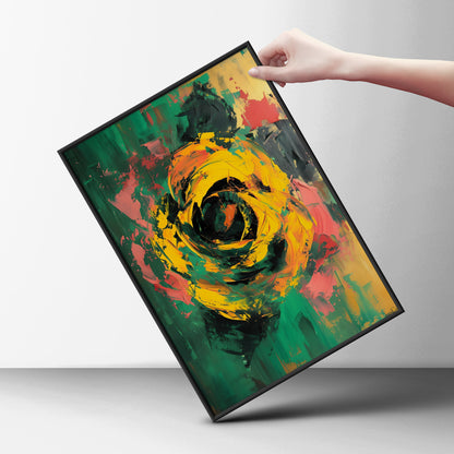 Abstract Yellow Rose Poster, Green Expressionist Wall Art Print, Bold Floral Art for Living Room — styling mockup 6