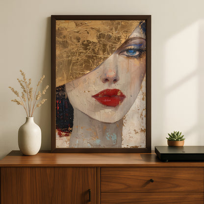 Gold Leaf Woman Portrait Poster, Red Lips Wall Art, Abstract Face Art Print, Living Room Decor — styling mockup 2