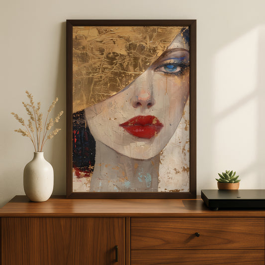 Gold Leaf Woman Portrait Poster, Red Lips Wall Art, Abstract Face Art Print, Living Room Decor — styling mockup 2