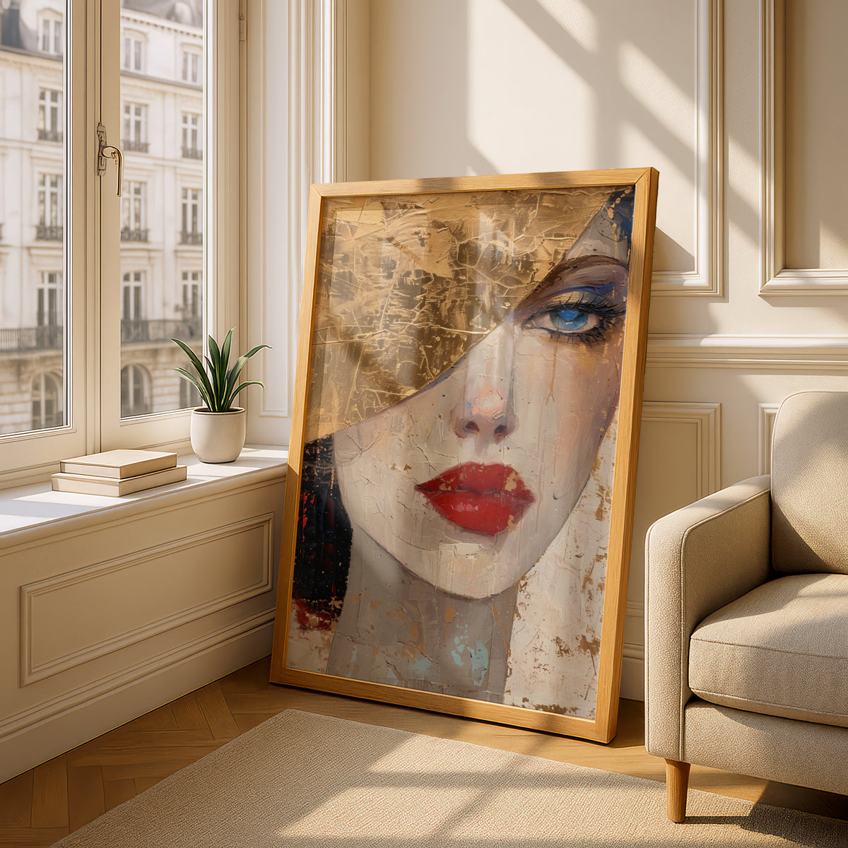 Gold Leaf Woman Portrait Poster, Red Lips Wall Art, Abstract Face Art Print, Living Room Decor — styling mockup 4