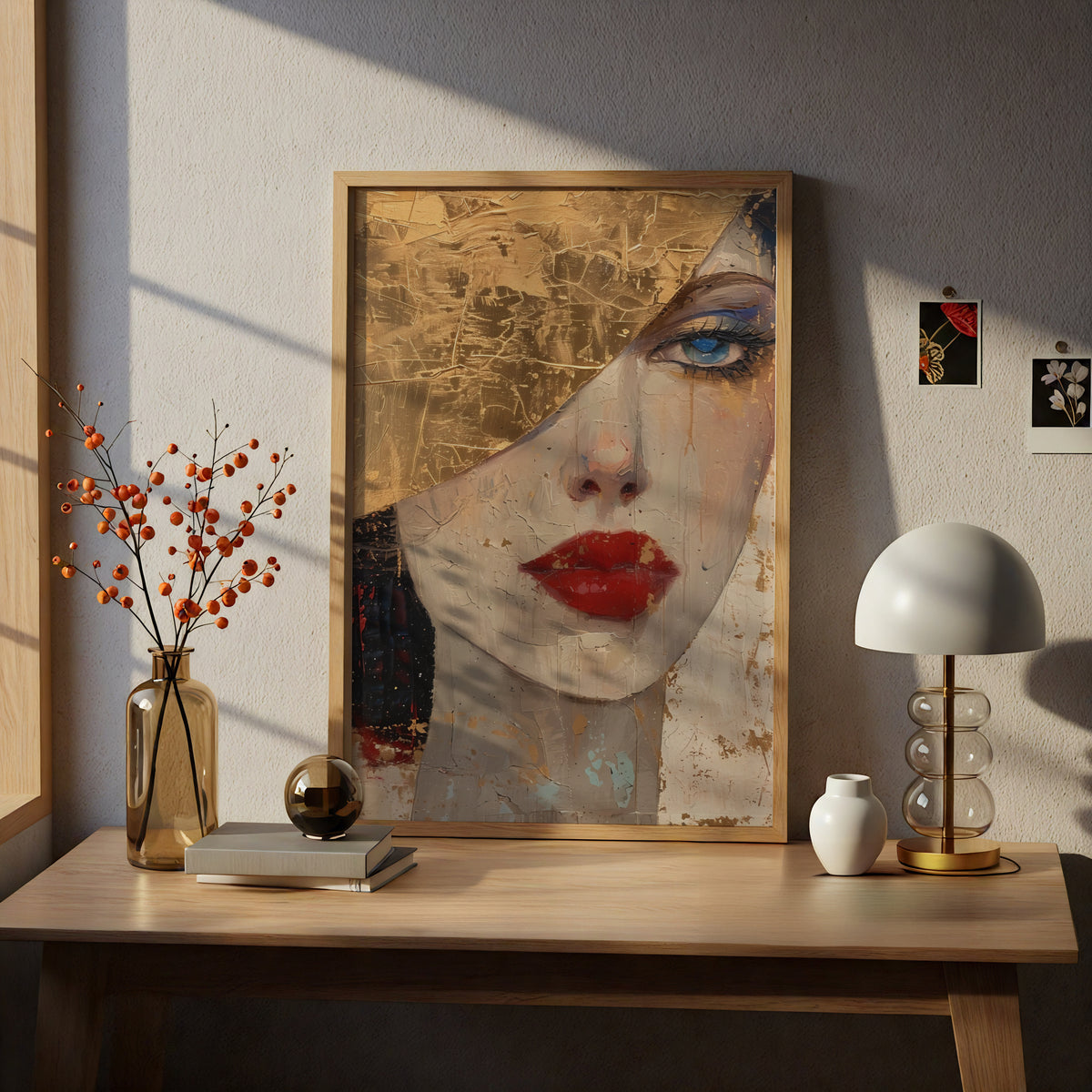 Gold Leaf Woman Portrait Poster, Red Lips Wall Art, Abstract Face Art Print, Living Room Decor — styling mockup 5