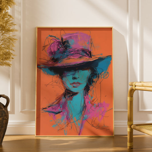 Abstract Woman in Hat Poster, Expressive Portrait Wall Art, Pink Blue Orange Art Print — styling mockup 1