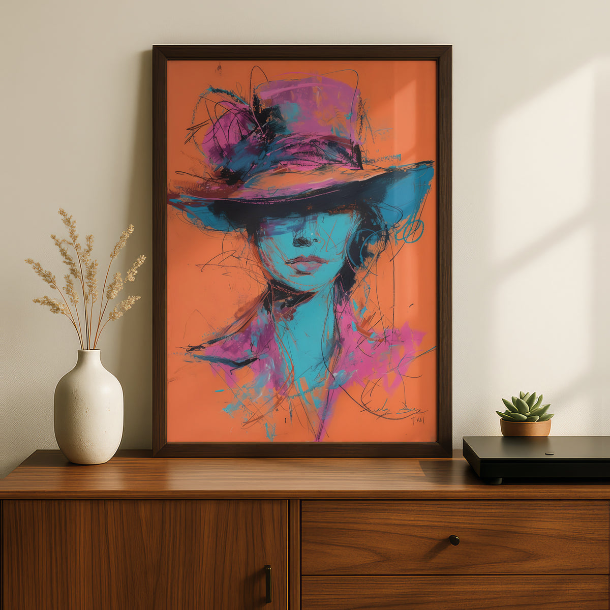 Abstract Woman in Hat Poster, Expressive Portrait Wall Art, Pink Blue Orange Art Print — styling mockup 2