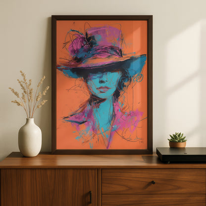 Abstract Woman in Hat Poster, Expressive Portrait Wall Art, Pink Blue Orange Art Print — styling mockup 2