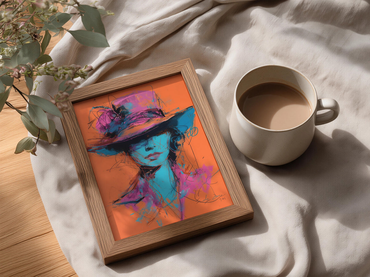 Abstract Woman in Hat Poster, Expressive Portrait Wall Art, Pink Blue Orange Art Print — styling mockup 3