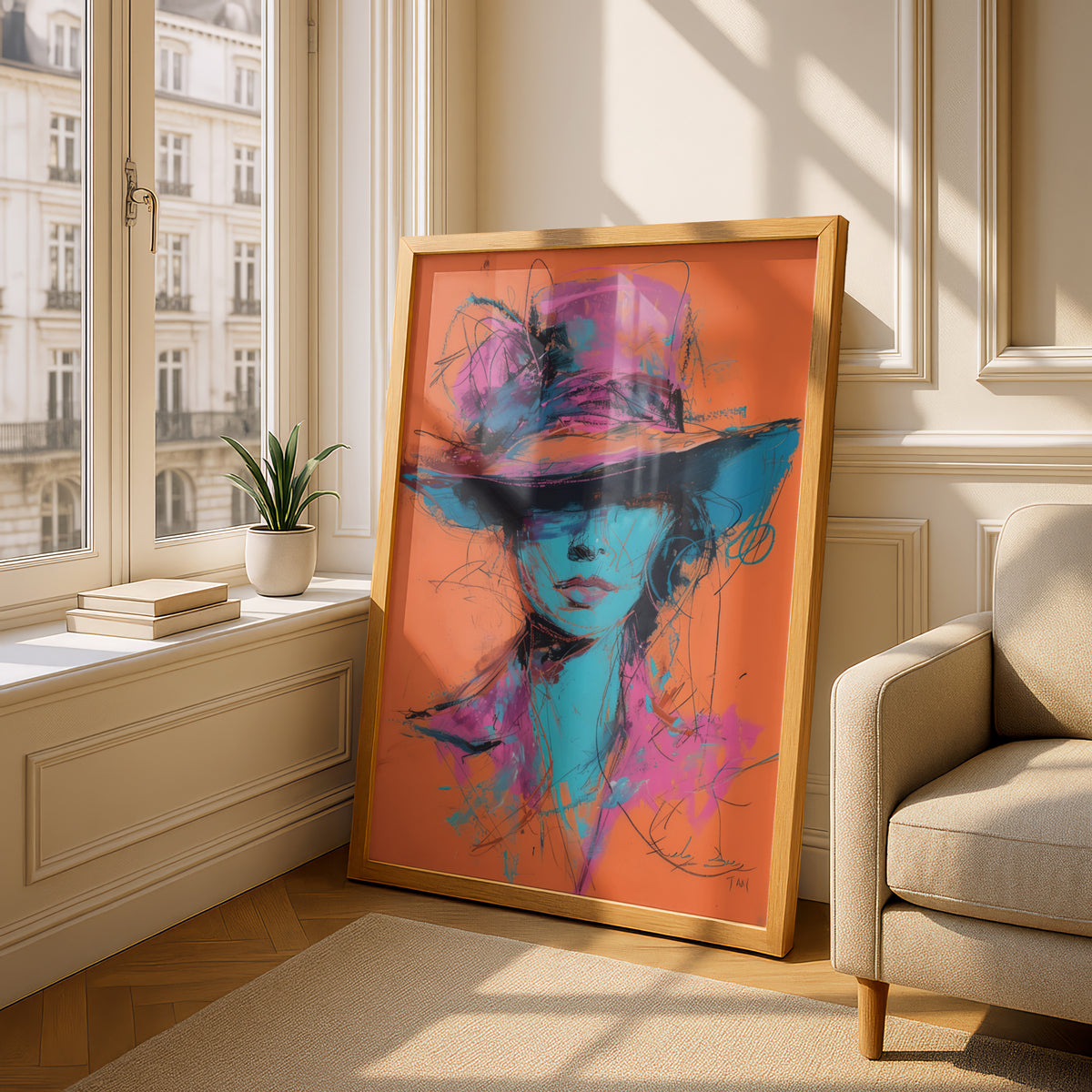 Abstract Woman in Hat Poster, Expressive Portrait Wall Art, Pink Blue Orange Art Print — styling mockup 4