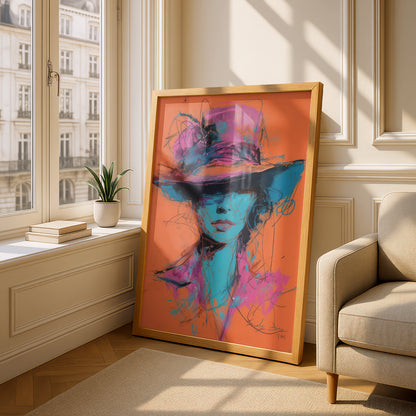 Abstract Woman in Hat Poster, Expressive Portrait Wall Art, Pink Blue Orange Art Print — styling mockup 4