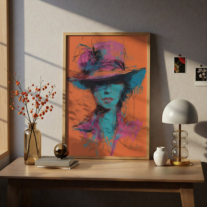 Abstract Woman in Hat Poster, Expressive Portrait Wall Art, Pink Blue Orange Art Print — styling mockup 5