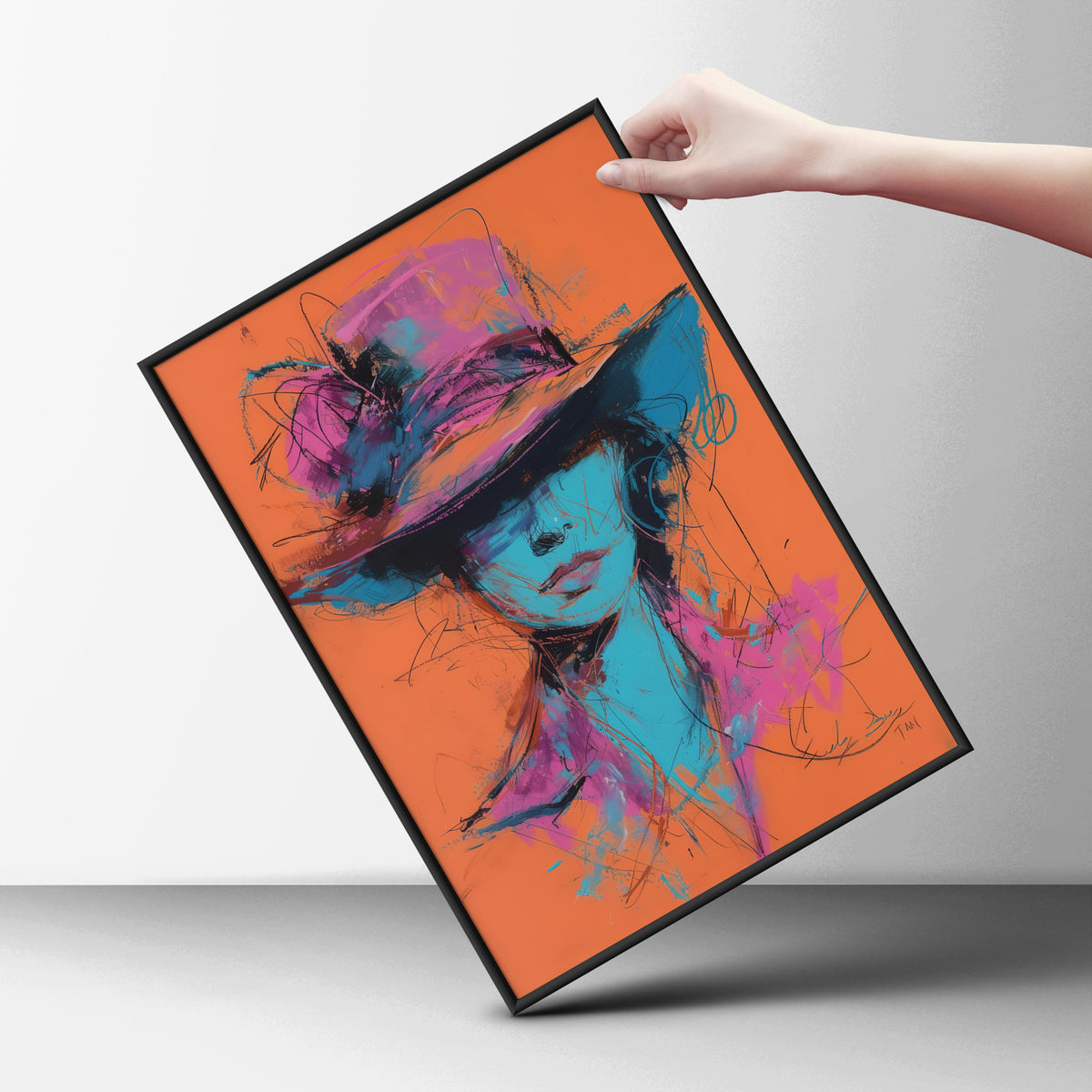 Abstract Woman in Hat Poster, Expressive Portrait Wall Art, Pink Blue Orange Art Print — styling mockup 6