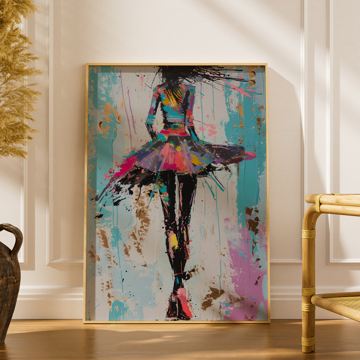 Colourful Abstract Fashion Girl Poster, Pop Art Wall Art Print, Teal Pink Gold Leaf Bedroom Decor — styling mockup 1