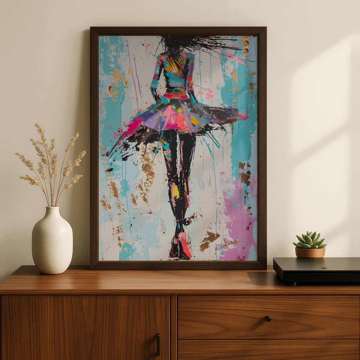 Colourful Abstract Fashion Girl Poster, Pop Art Wall Art Print, Teal Pink Gold Leaf Bedroom Decor — styling mockup 2
