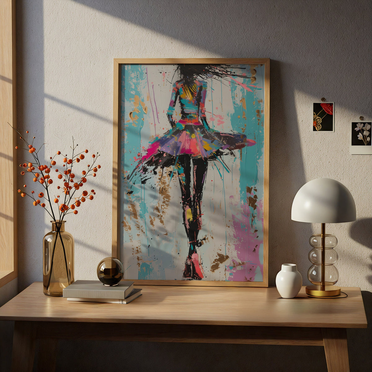 Colourful Abstract Fashion Girl Poster, Pop Art Wall Art Print, Teal Pink Gold Leaf Bedroom Decor — styling mockup 5