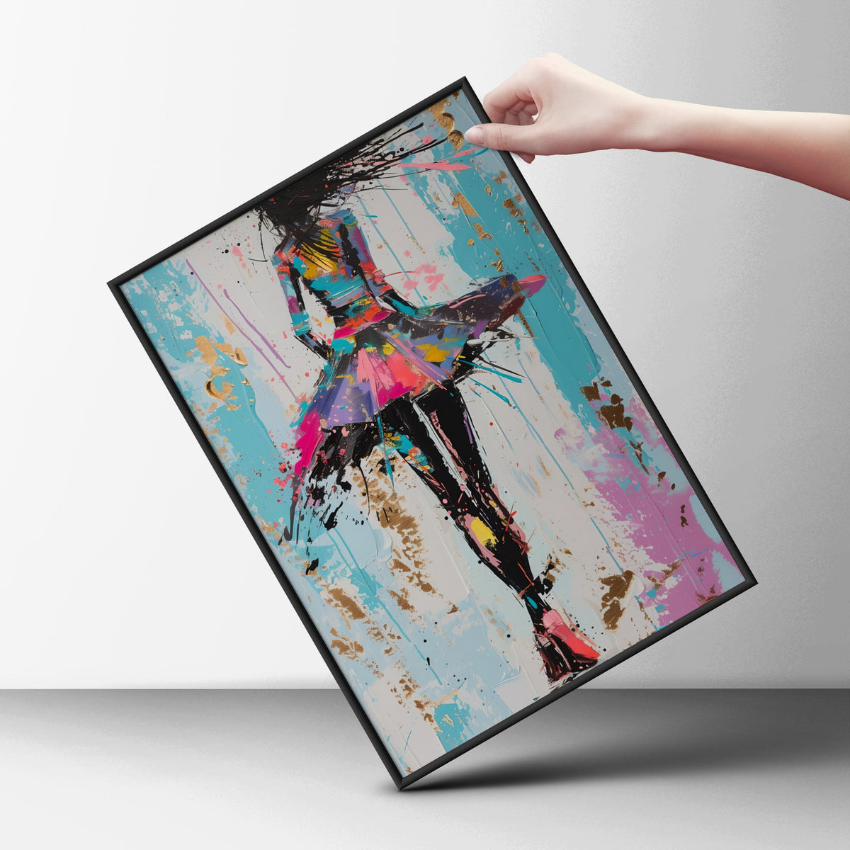 Colourful Abstract Fashion Girl Poster, Pop Art Wall Art Print, Teal Pink Gold Leaf Bedroom Decor — styling mockup 6