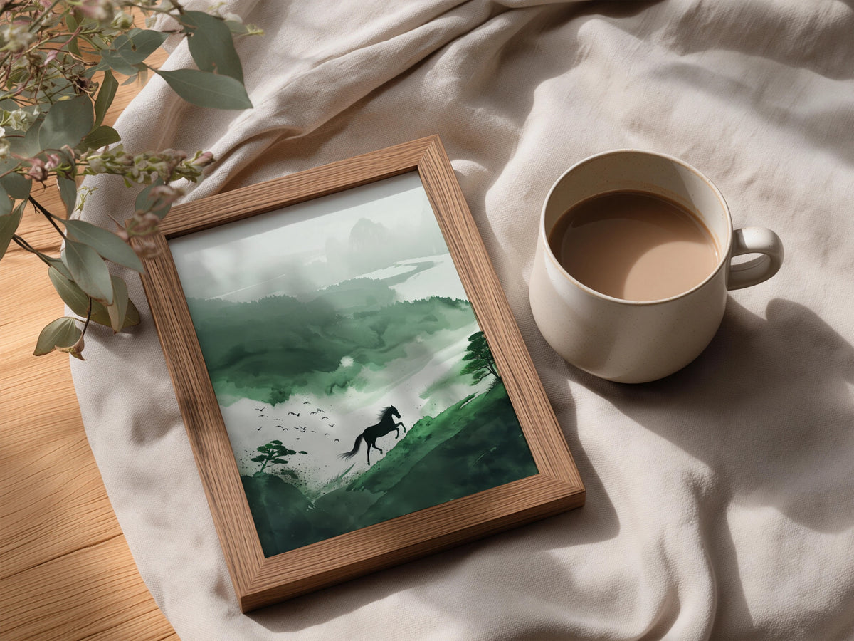 Galloping Horse Misty Green Mountain Landscape, Ink Wash Wall Art Poster, Japanese Style Art Print — styling mockup 3