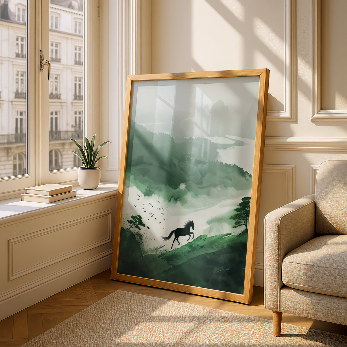 Galloping Horse Misty Green Mountain Landscape, Ink Wash Wall Art Poster, Japanese Style Art Print — styling mockup 4