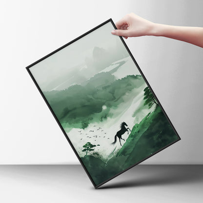 Galloping Horse Misty Green Mountain Landscape, Ink Wash Wall Art Poster, Japanese Style Art Print — styling mockup 6