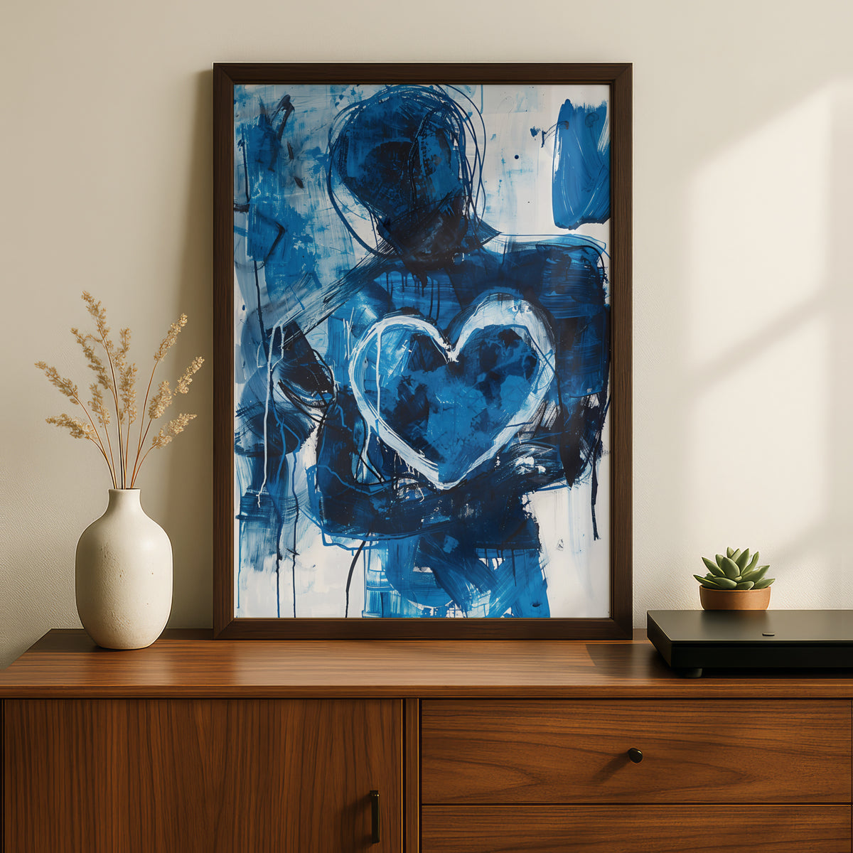 Abstract Blue Heart Poster, Expressive Figure Wall Art, Modern Painted Art Print, Living Room — styling mockup 2