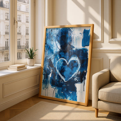 Abstract Blue Heart Poster, Expressive Figure Wall Art, Modern Painted Art Print, Living Room — styling mockup 4