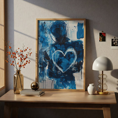 Abstract Blue Heart Poster, Expressive Figure Wall Art, Modern Painted Art Print, Living Room — styling mockup 5