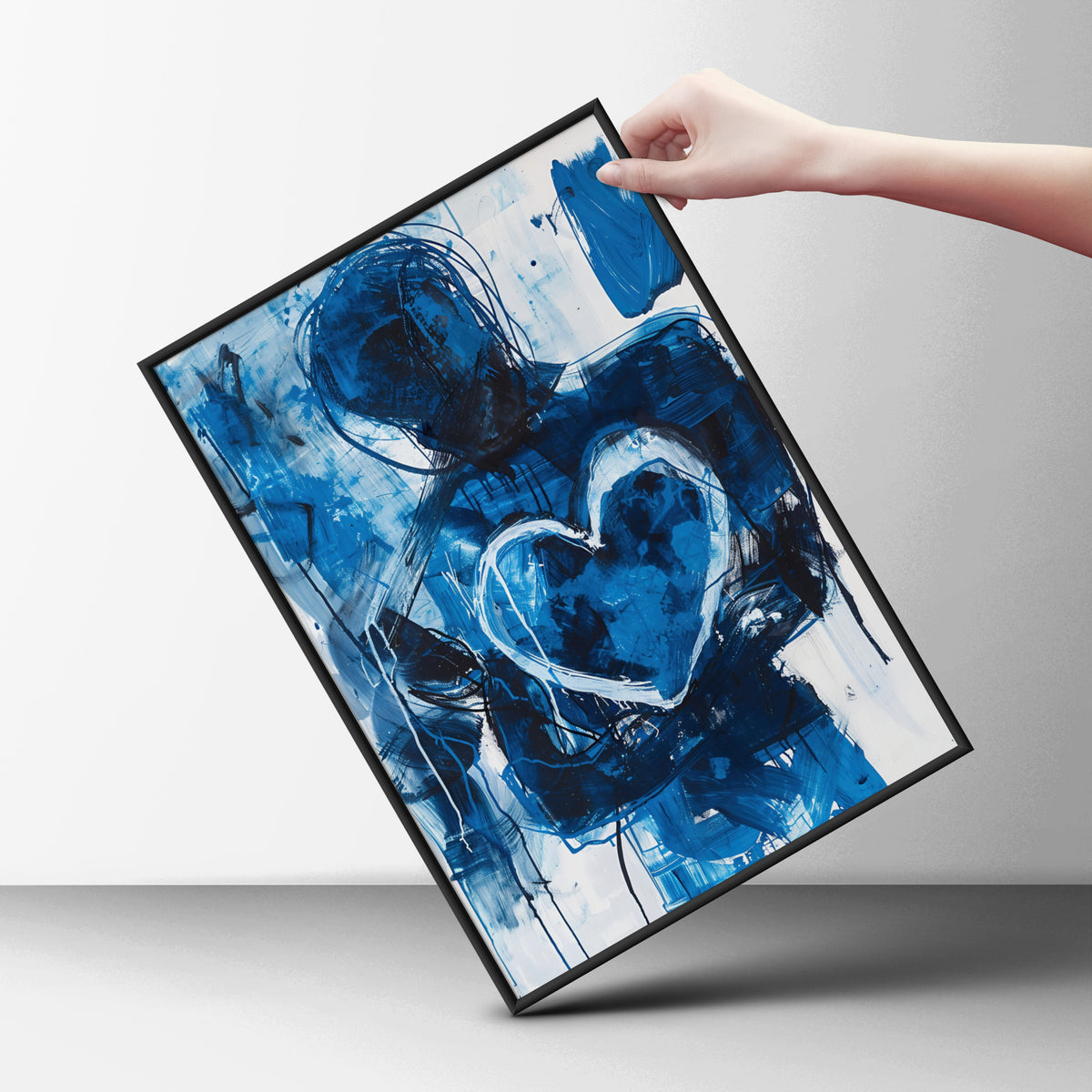 Abstract Blue Heart Poster, Expressive Figure Wall Art, Modern Painted Art Print, Living Room — styling mockup 6