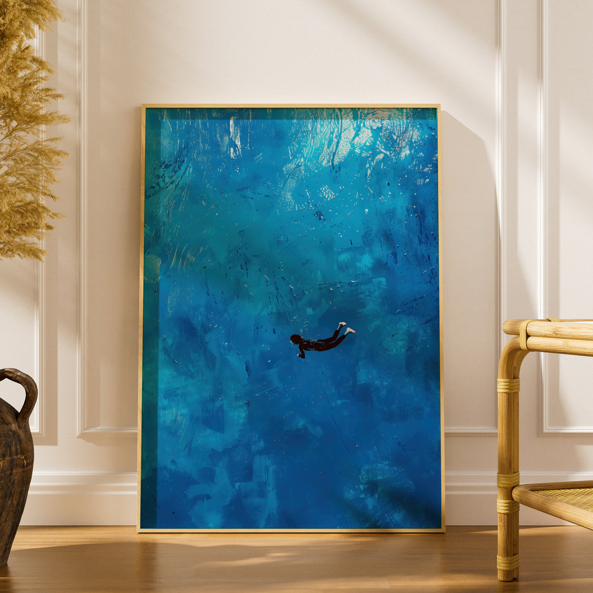 Blue Ocean Swimmer Poster, Underwater Wall Art Print, Abstract Painterly Sea Art for Bedroom — styling mockup 1