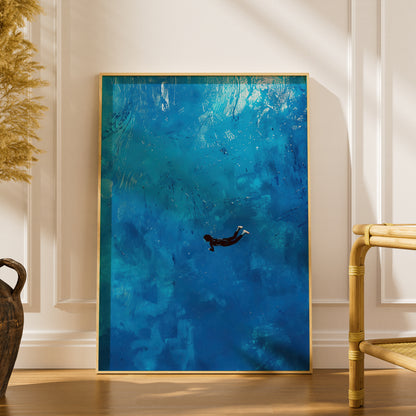 Blue Ocean Swimmer Poster, Underwater Wall Art Print, Abstract Painterly Sea Art for Bedroom — styling mockup 1