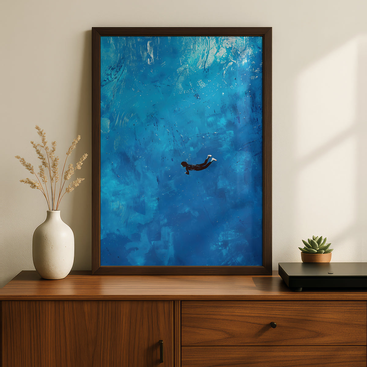 Blue Ocean Swimmer Poster, Underwater Wall Art Print, Abstract Painterly Sea Art for Bedroom — styling mockup 2