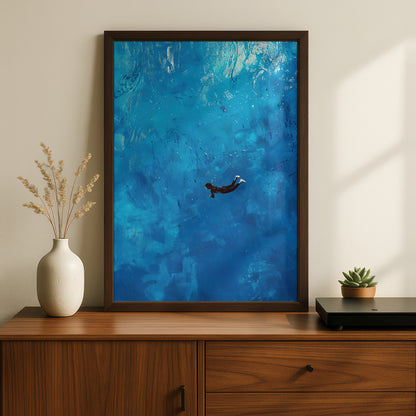 Blue Ocean Swimmer Poster, Underwater Wall Art Print, Abstract Painterly Sea Art for Bedroom — styling mockup 2