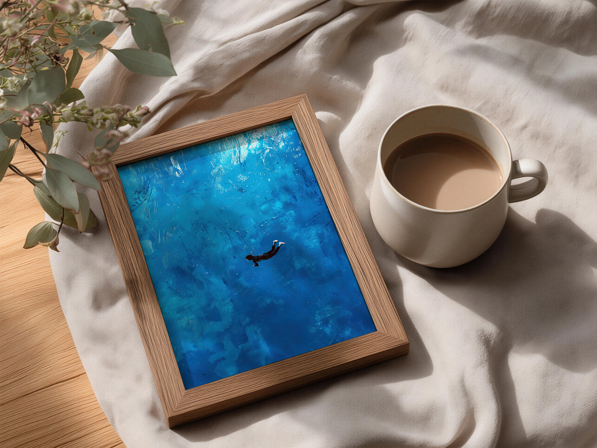 Blue Ocean Swimmer Poster, Underwater Wall Art Print, Abstract Painterly Sea Art for Bedroom — styling mockup 3