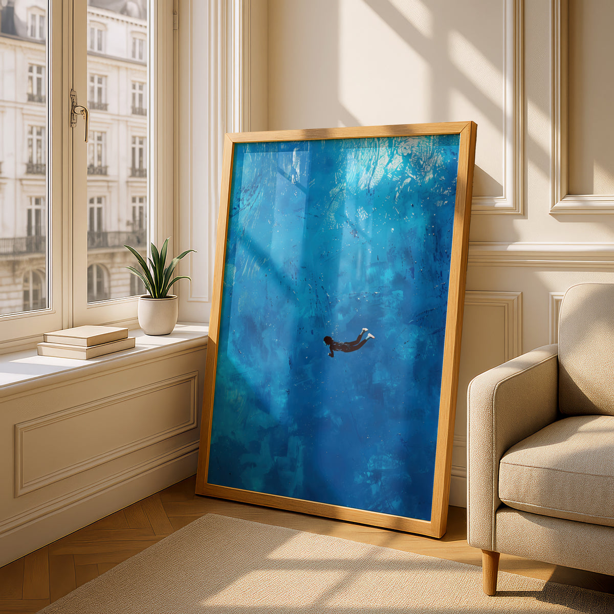 Blue Ocean Swimmer Poster, Underwater Wall Art Print, Abstract Painterly Sea Art for Bedroom — styling mockup 4