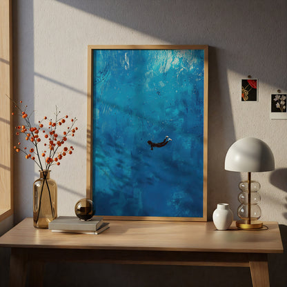 Blue Ocean Swimmer Poster, Underwater Wall Art Print, Abstract Painterly Sea Art for Bedroom — styling mockup 5