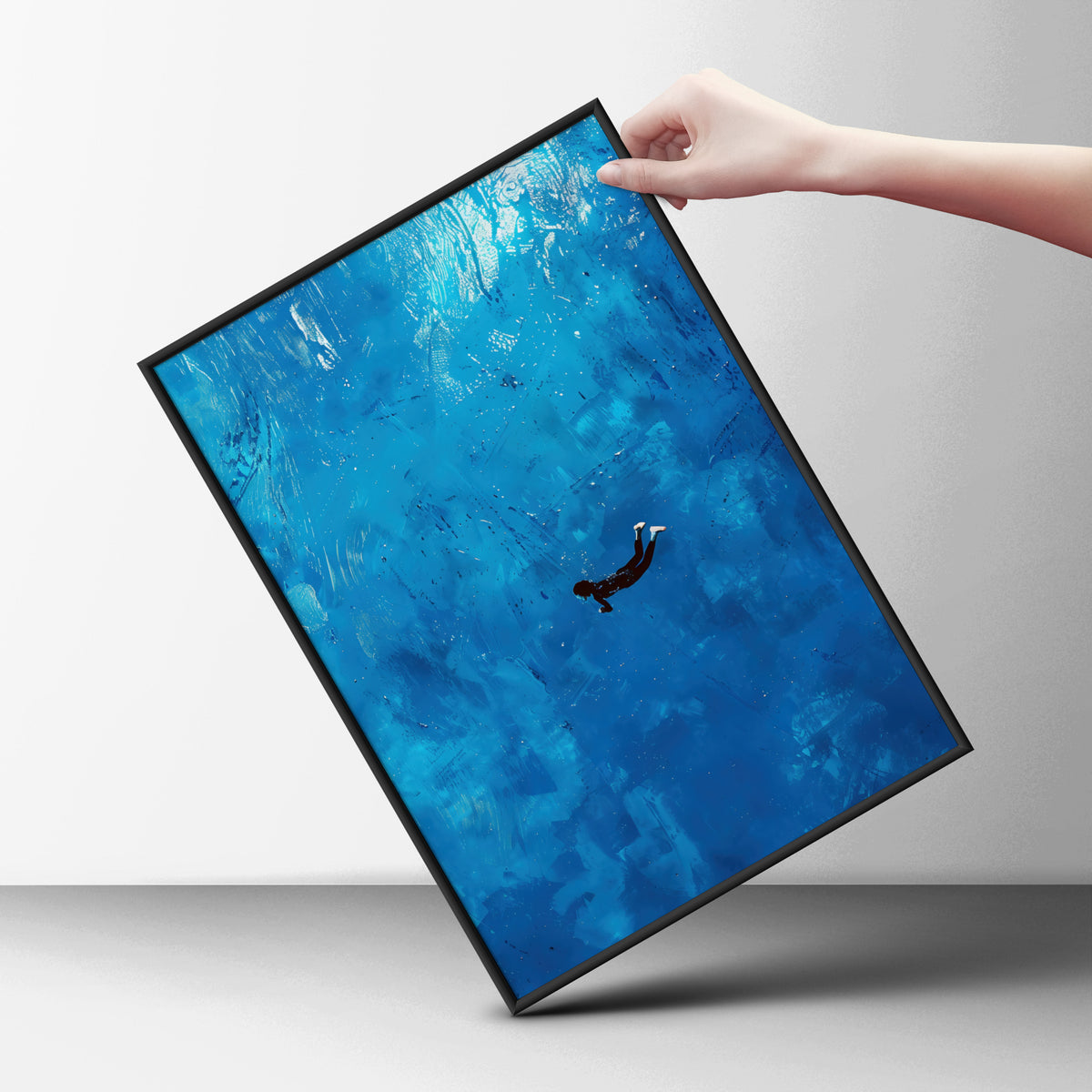 Blue Ocean Swimmer Poster, Underwater Wall Art Print, Abstract Painterly Sea Art for Bedroom — styling mockup 6