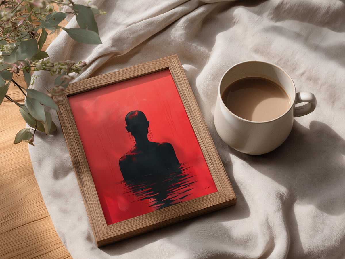 Red Silhouette Poster, Abstract Figure Wall Art, Dark Surreal Art Print, Moody Living Room Decor — styling mockup 3