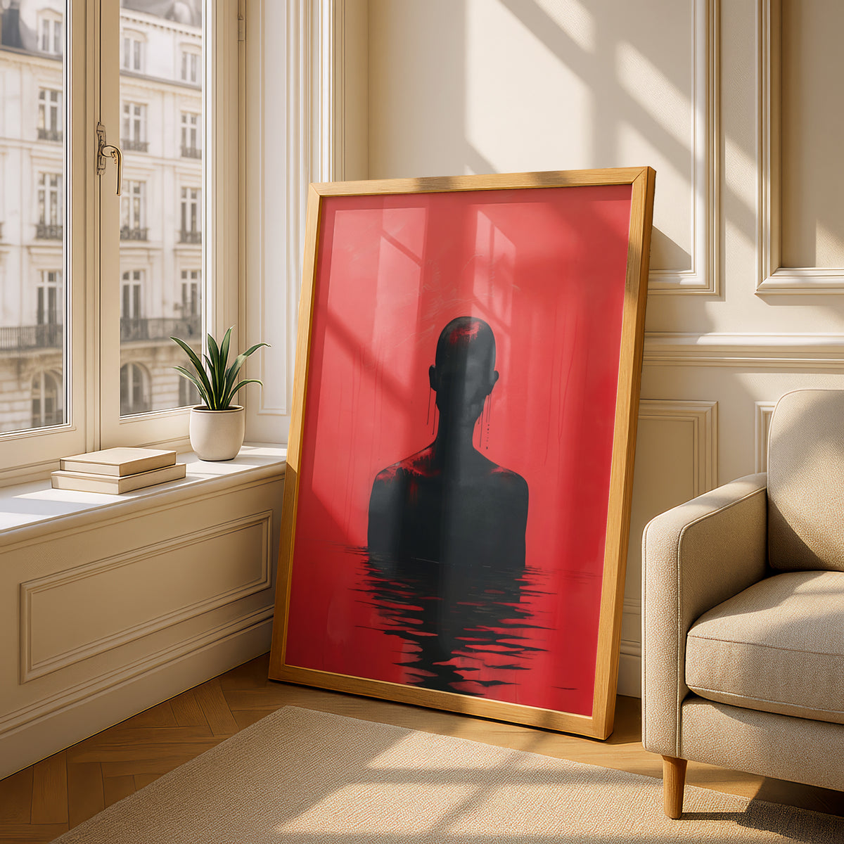 Red Silhouette Poster, Abstract Figure Wall Art, Dark Surreal Art Print, Moody Living Room Decor — styling mockup 4