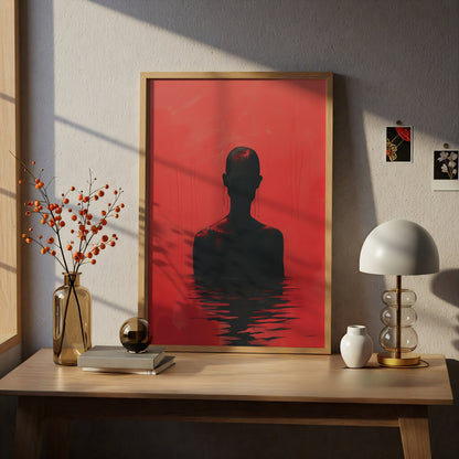 Red Silhouette Poster, Abstract Figure Wall Art, Dark Surreal Art Print, Moody Living Room Decor — styling mockup 5