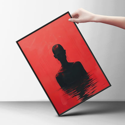 Red Silhouette Poster, Abstract Figure Wall Art, Dark Surreal Art Print, Moody Living Room Decor — styling mockup 6