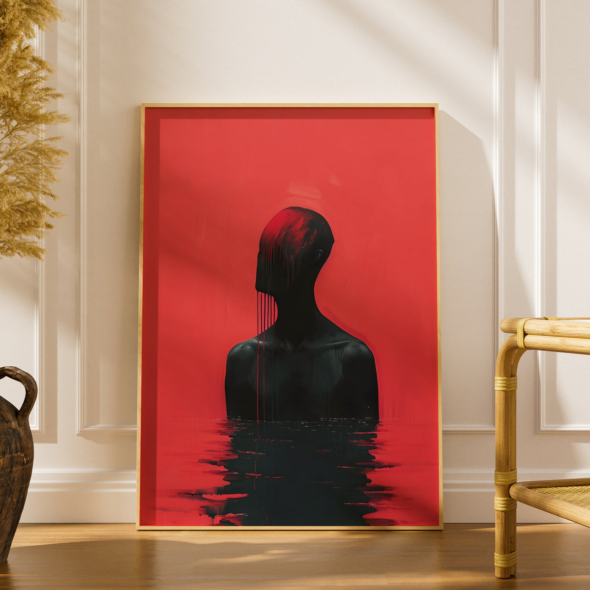 Dark Surreal Silhouette Wall Art, Red and Black Abstract Poster, Moody Gothic Art Print — styling mockup 1