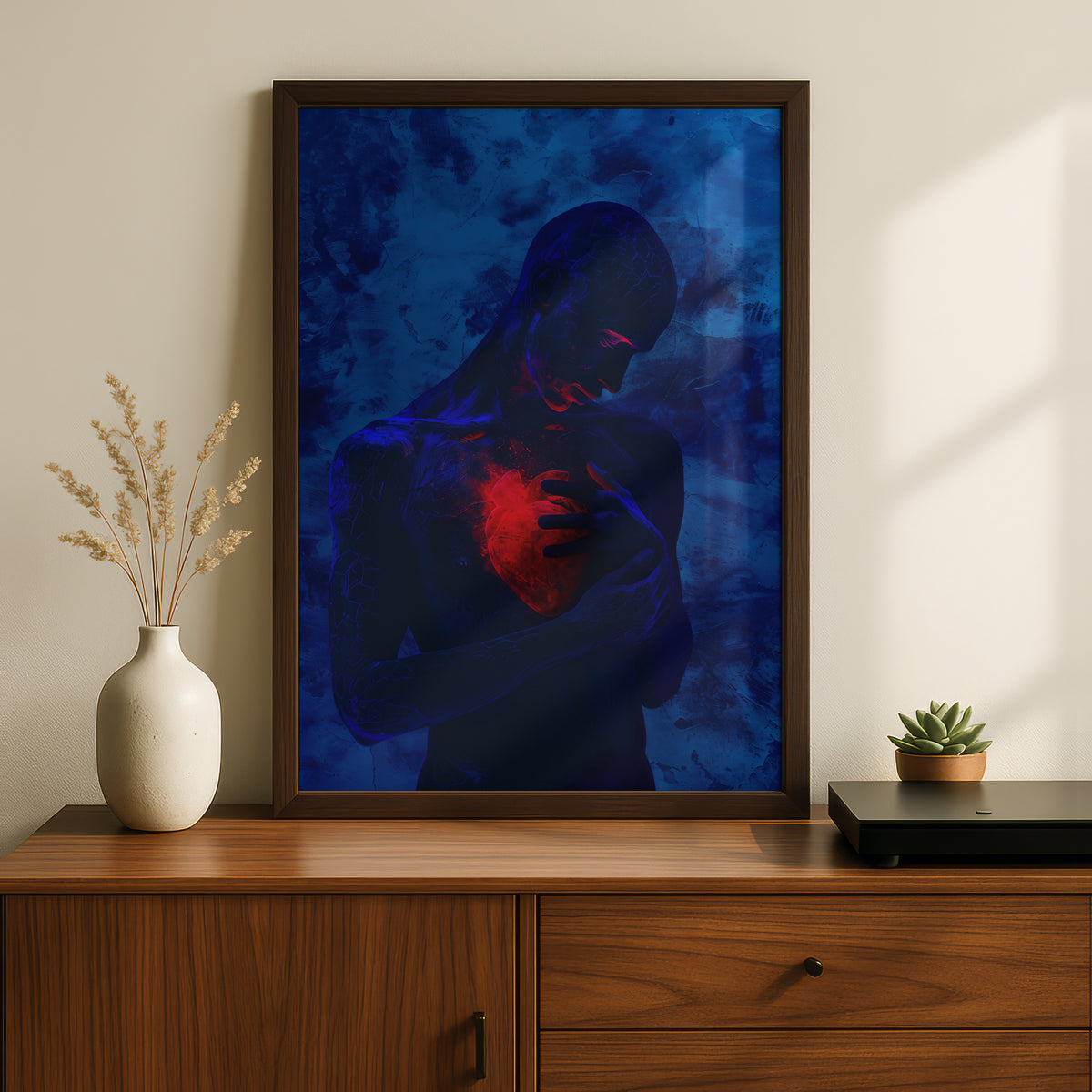Anatomical Heart Poster, Dark Blue Surreal Wall Art, Moody Figure Art Print, Emotional Abstract — styling mockup 2